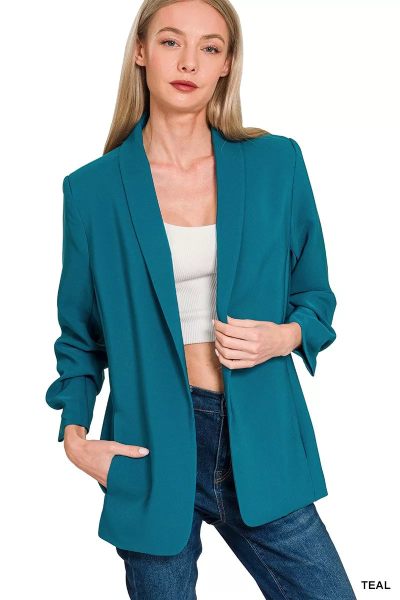 Zenana Woven 3/4 Ruched Sleeve Open Front Classic Blazer