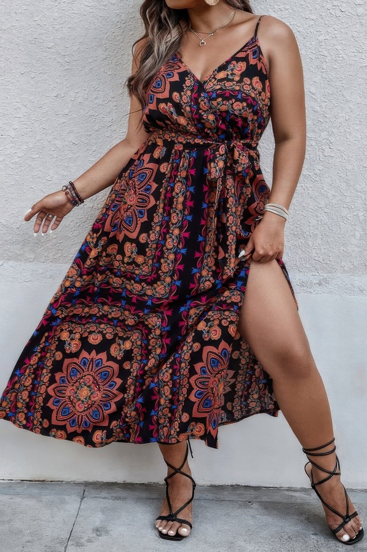 Plus Size Floral Belted Cami Boho Long Dress