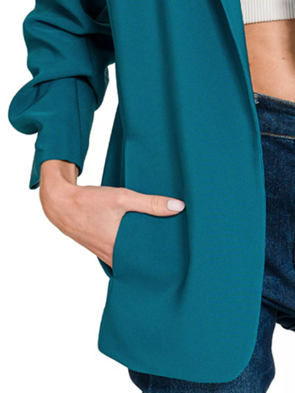 Zenana Woven 3/4 Ruched Sleeve Open Front Classic Blazer